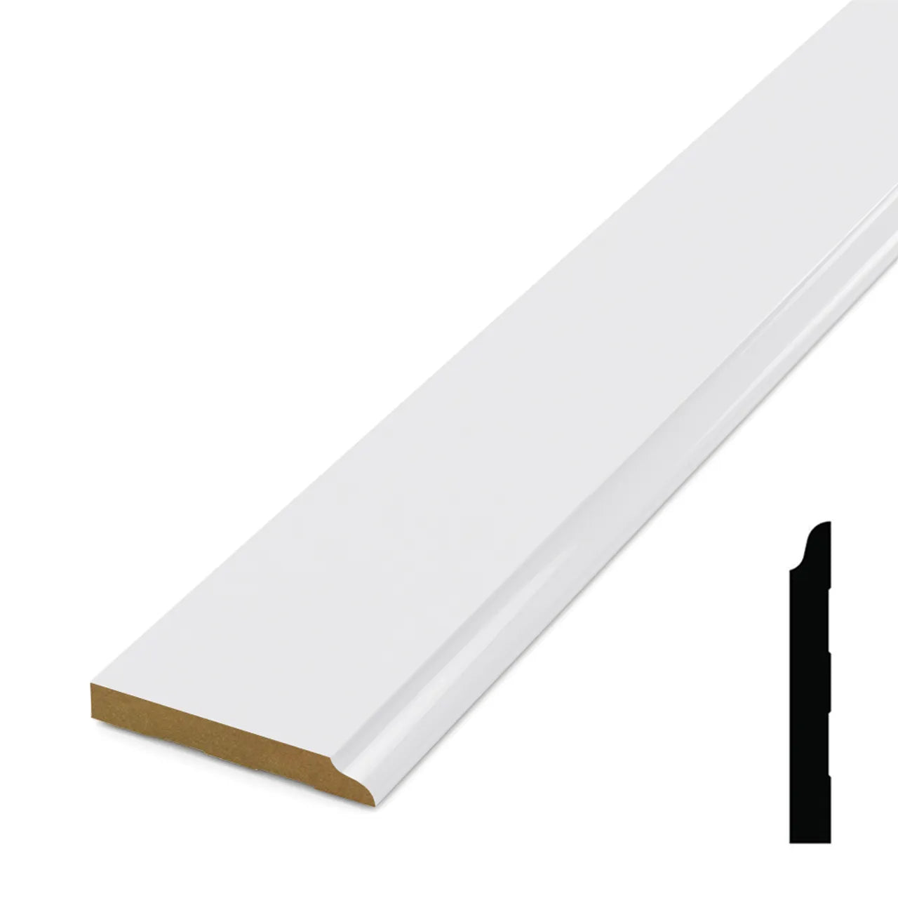 The Go Build 9/16 in. x 4-1/4 in. x 192 in. Primed MDF Baseboard features a smooth, angled edge and comes primed white and ready to paint, with a small black cross-section silhouette showing its profile.